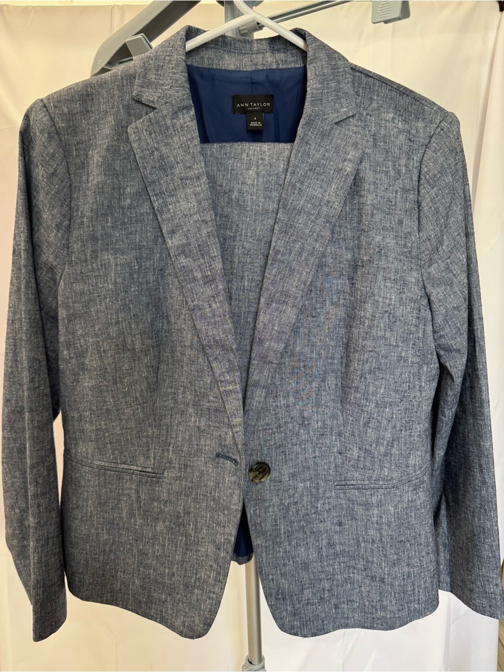 Ann Taylor Chambray Linen-Blend Blazer & Wrap Skirt Set